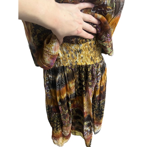 Vintage Y2K 100% SILK Halter Mini Dress Size 14 Open Back Lined Boho Browns - Picture 2 of 13